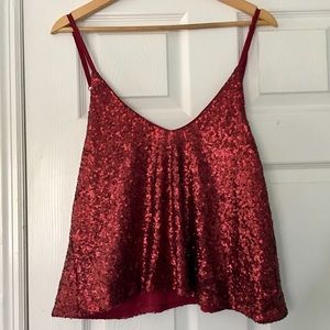 Tobi Sequin Plunge Tank Top Red, Size Medium